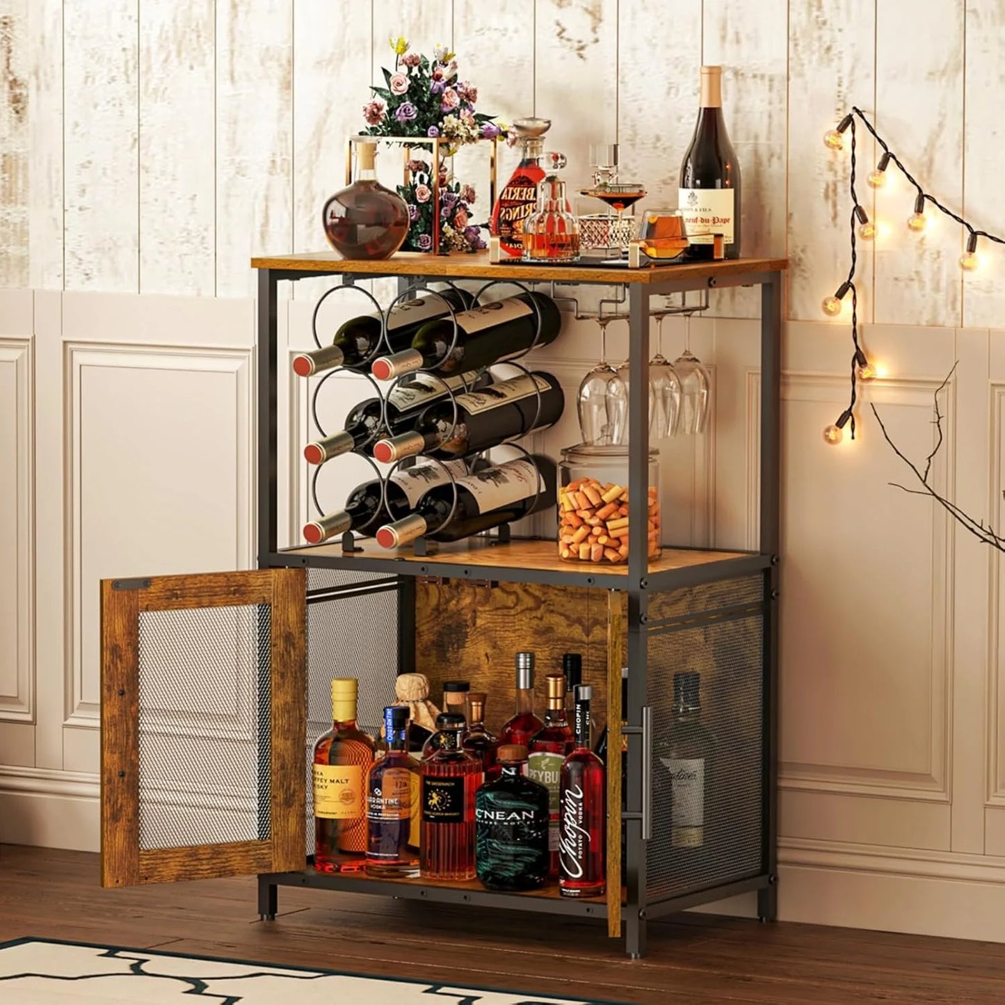 Bar Cabinet with Detachable Wine Rack, Liquor Stand for Home Bar, Mini Table with Glass Holder, Small Sideboard with Mesh Door, Storage Cabinet for Wine, Whiskey, Rustic Brown
