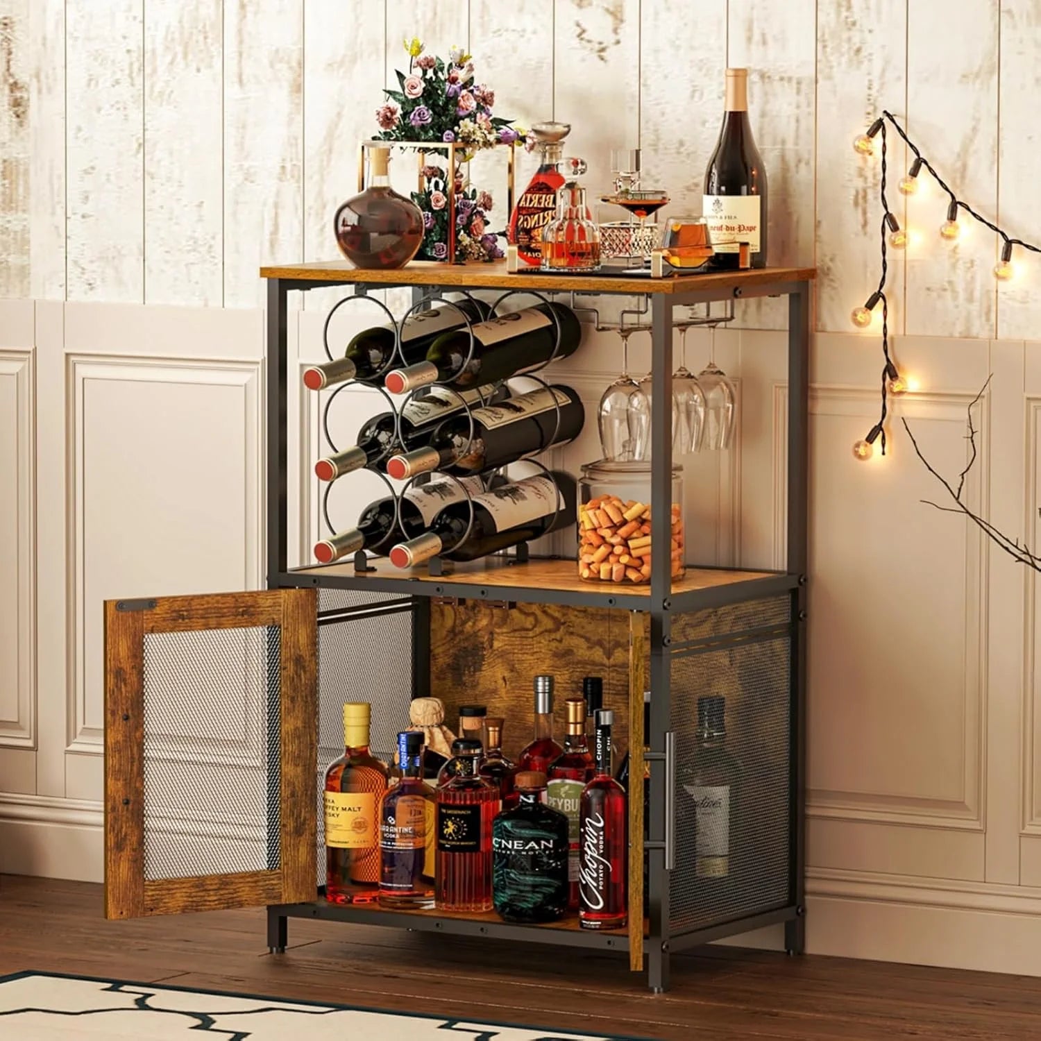 Bar Cabinet with Detachable Wine Rack, Liquor Stand for Home Bar, Mini Table with Glass Holder, Small Sideboard with Mesh Door, Storage Cabinet for Wine, Whiskey, Rustic Brown