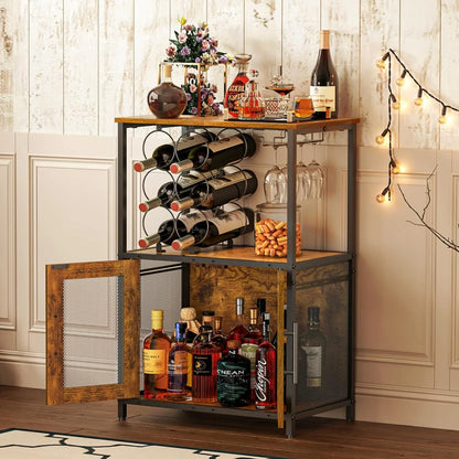Bar Cabinet with Detachable Wine Rack, Liquor Stand for Home Bar, Mini Table with Glass Holder, Small Sideboard with Mesh Door, Storage Cabinet for Wine, Whiskey, Rustic Brown