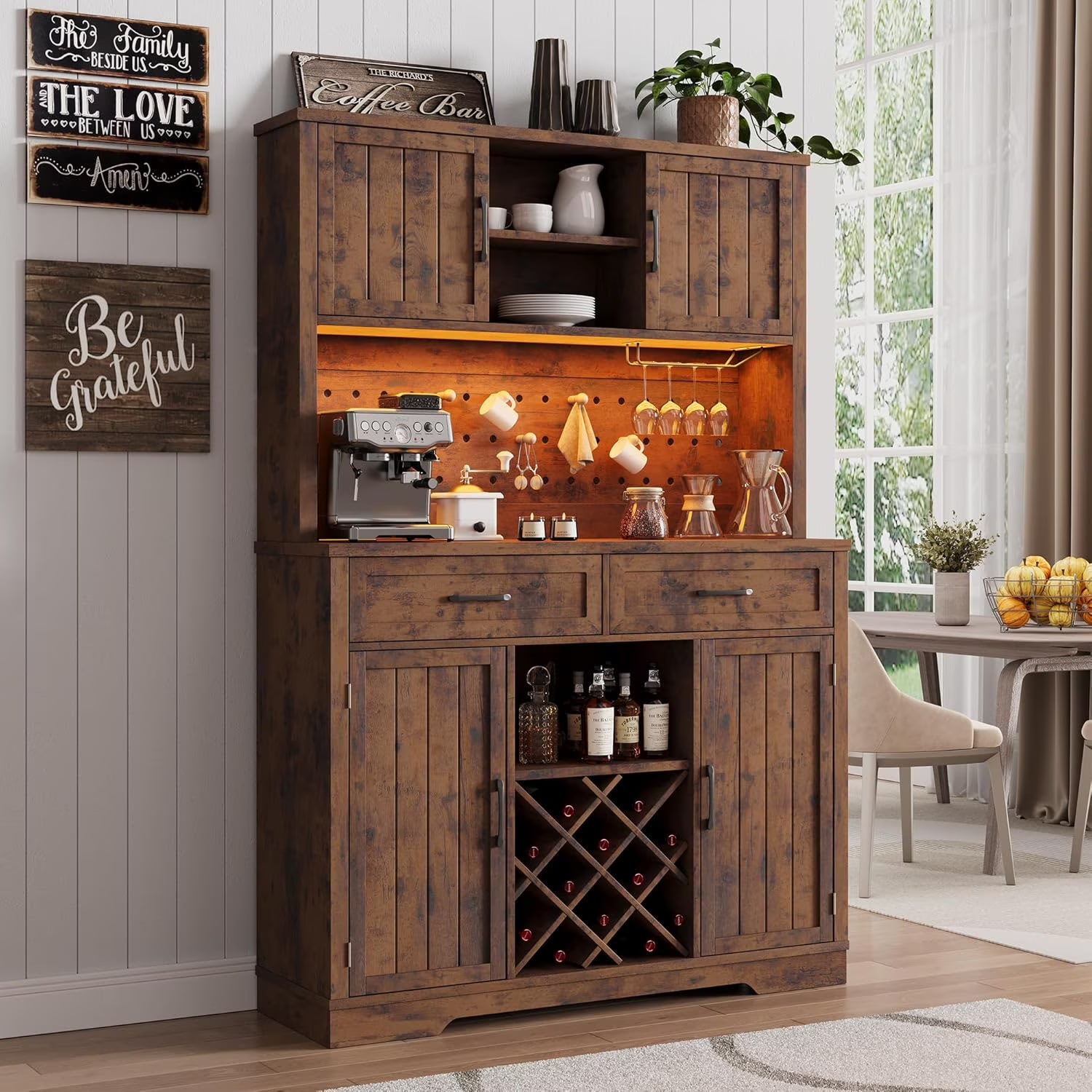 LAFGUR 72" Kitchen Storage Cabinet with Power Outlet & LED Light, Coffee Bar Cabinet with Drawers & Wine Glass Rack,Sideboard for Home,White