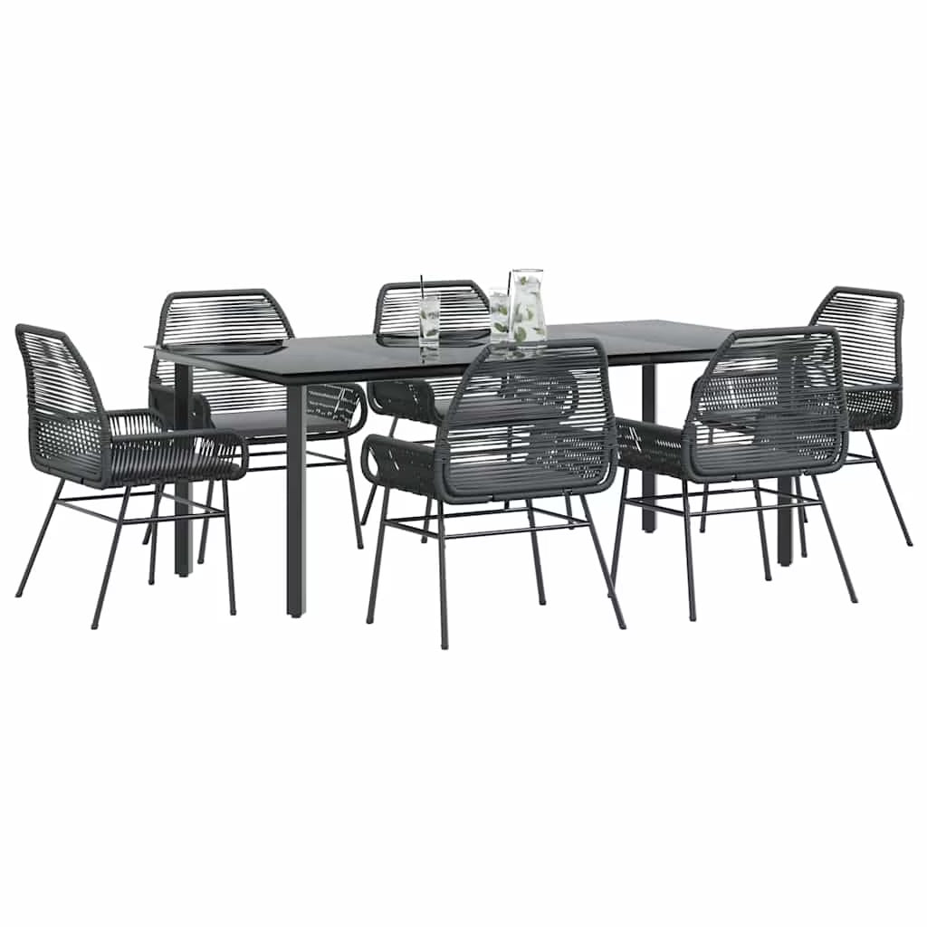 vidaXL 7 Piece Patio Dining Set with Cushions Black Poly Rattan Glass