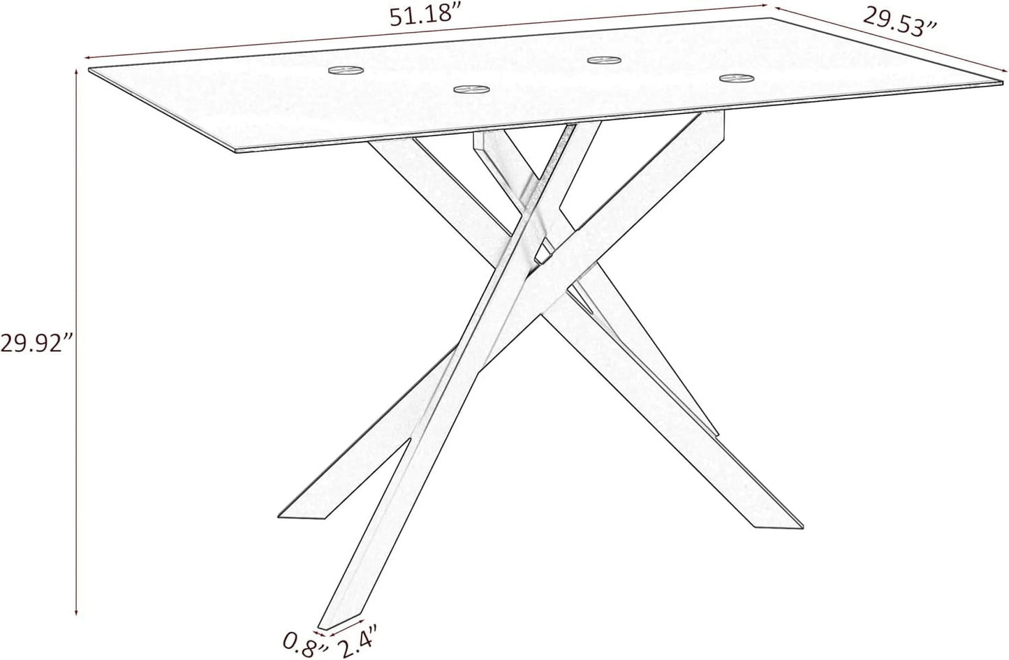 SSYBAB Glass Dining Table for 4 People, 51.2 Inches Rectangular Glass Kitchen Table with Silver Steel Legs, Modern Dining Room Table for Dinner Kitchen Dining Room
