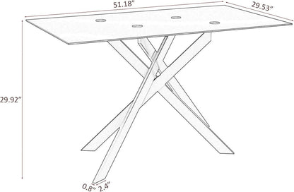 SSYBAB Glass Dining Table for 4 People, 51.2 Inches Rectangular Glass Kitchen Table with Silver Steel Legs, Modern Dining Room Table for Dinner Kitchen Dining Room