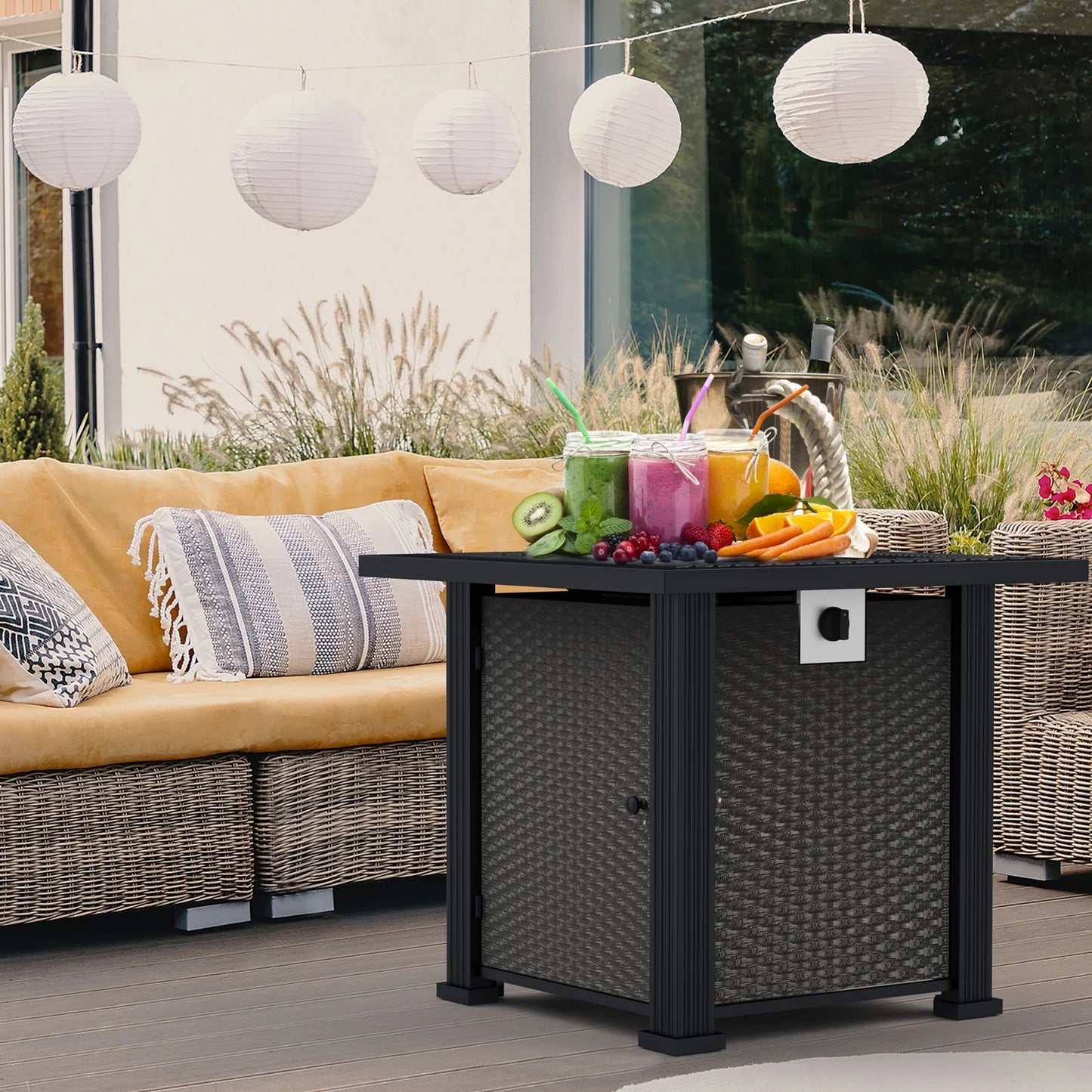 28 Inch Propane Fire Pit Table, Rattan & Wicker-Look 50,000 BTU Gas Firepits with Fire Glass for Outside Patio and Garden