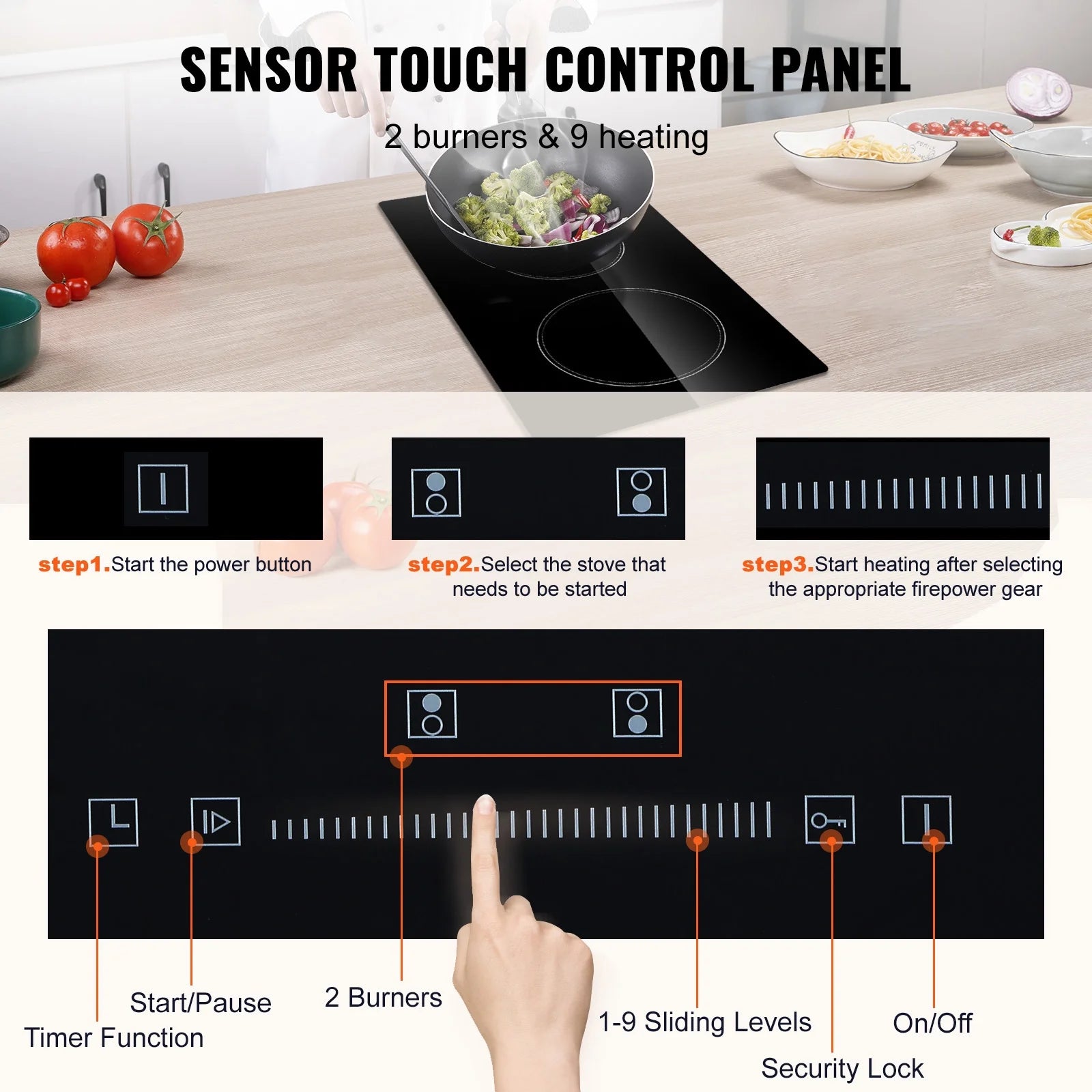 KFFKFF Integrated Electric Cooking Surface, Dimensions 20 x 11.6 inches, Dual Heating Elements, 240V Glass-based Heat Conductor with Sensitive Touch Commands, Inclusive of Timer & Safety Lock for Kid
