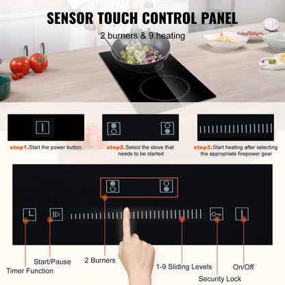KFFKFF Integrated Electric Cooking Surface, Dimensions 20 x 11.6 inches, Dual Heating Elements, 240V Glass-based Heat Conductor with Sensitive Touch Commands, Inclusive of Timer & Safety Lock for Kid