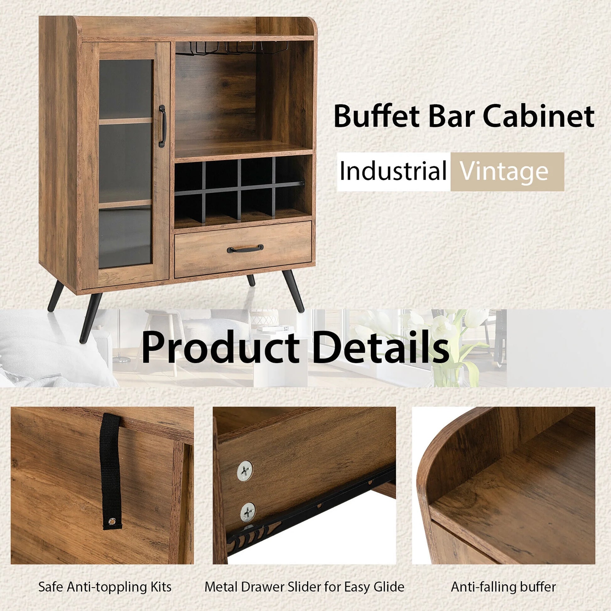 Gymax Liquor Bar Cabinet Storage Buffet Sideboard Credenza w/Wine Rack & Glass Holder