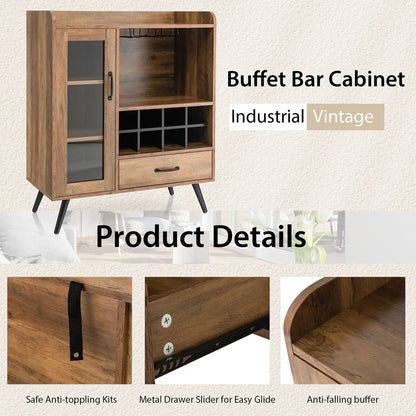 Gymax Liquor Bar Cabinet Storage Buffet Sideboard Credenza w/Wine Rack & Glass Holder