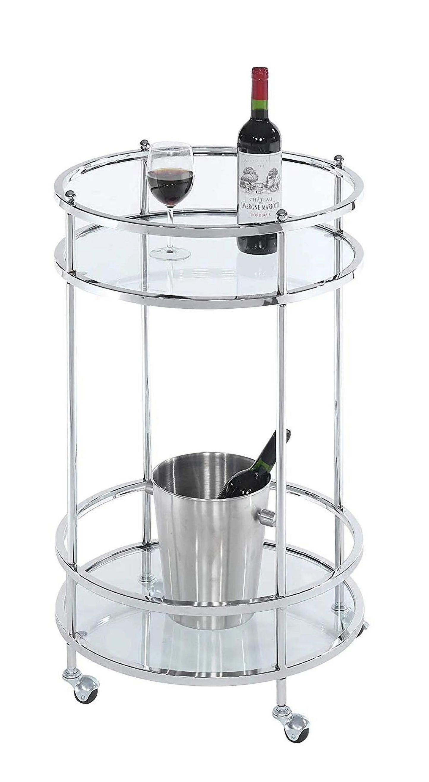 Royal Crest Bar Cart With Wheels in Clear Glass and Chrome Metal Frame
