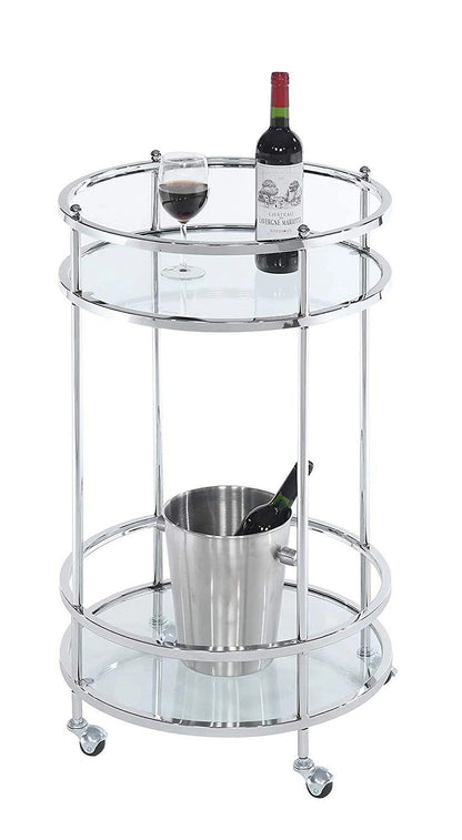 Royal Crest Bar Cart With Wheels in Clear Glass and Chrome Metal Frame