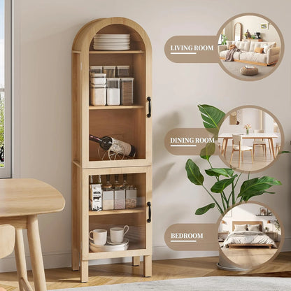 Tall Arched Storage Display Cabinet 5-Shelf with Acrylic Glass Doors, Kitchen Pantry Storage Cabinet Accent Cabinet Bookcase for Living Dining Room