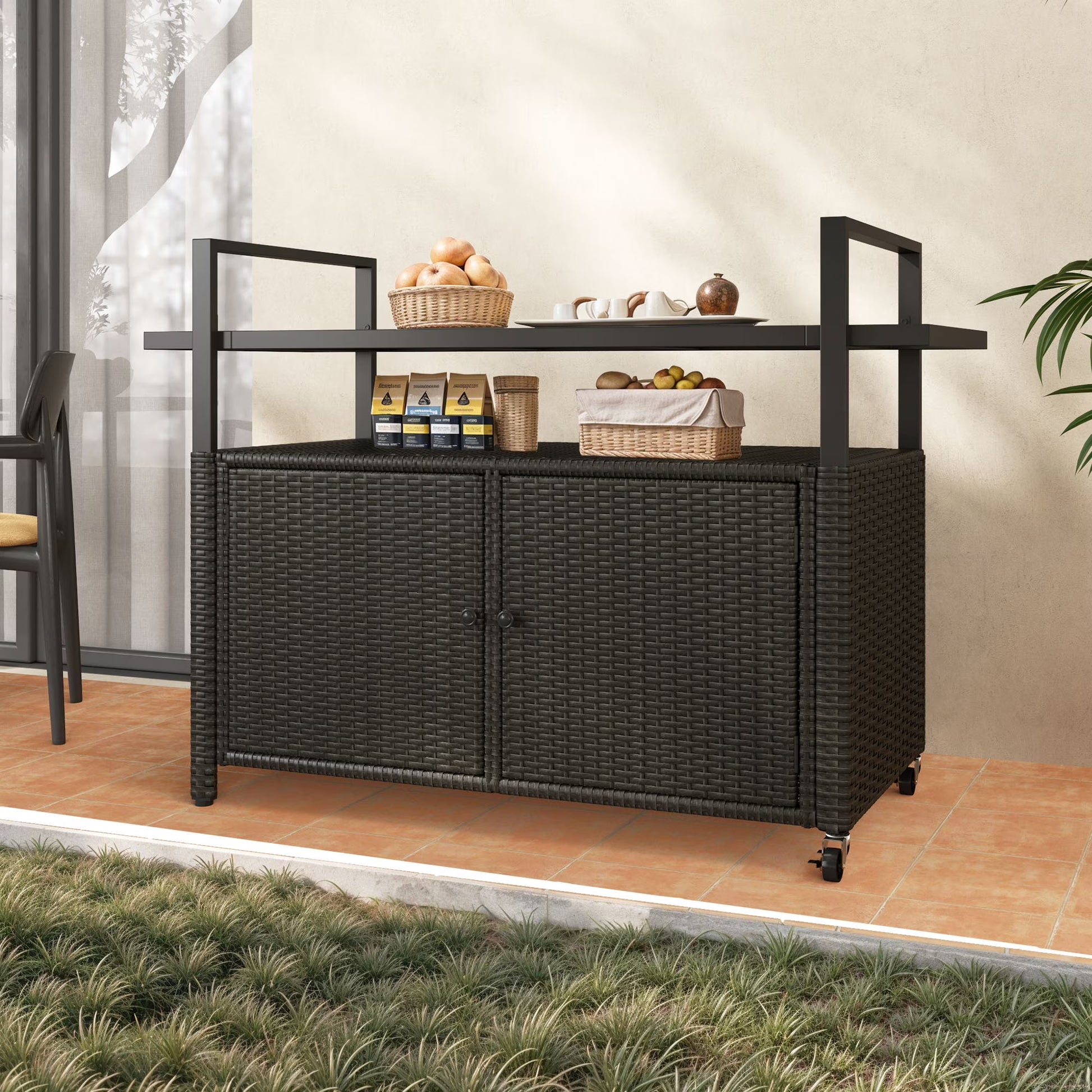 Dextrus Large Outdoor Storage Cabinet, 70 Gallon Outdoor Storage Cart with Movable Wheels & Black Glass Table Top,for Patio Garden,Gray