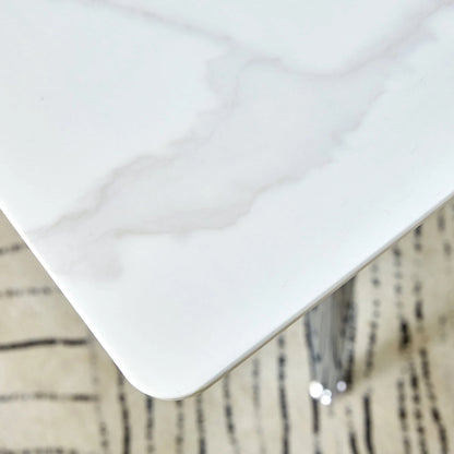 PWOPWOE Modern Minimalist Rectangular Glass Dining Table with 0.4 "White Imitation Marble Glass Sticker Desktop And Silver Metal Legs, suitable for Kitchens, Restaurants, And Living Rooms63"*35.4"*30"
