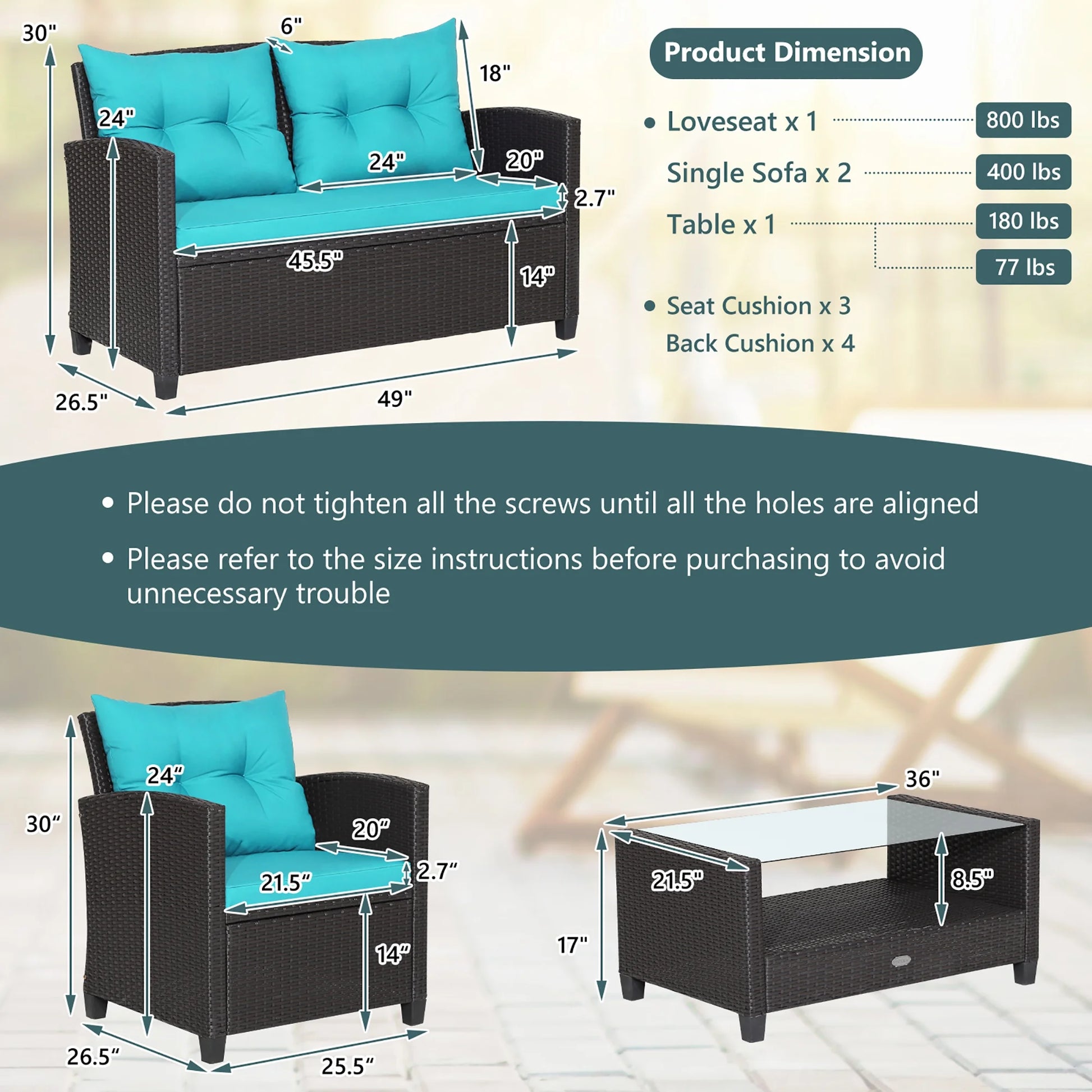 Costway 8 PCS Patio Rattan Furniture Set Glass Table Shelf Sofa Cushion Turquoise