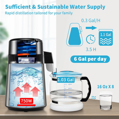 BENTISM 4L 750W Water Distiller with Dual Temp Display & Glass Carafe, Silver