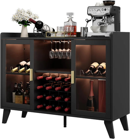 Farmhouse Wine Bar Cabinet with LED Lights, Home Coffee Bar Cabinet with Wine Racks and Glass Holders, Modern Buffet Sideboard with Acrylic Doors and Drawer for Dining Room, Bar, Living Room, Black