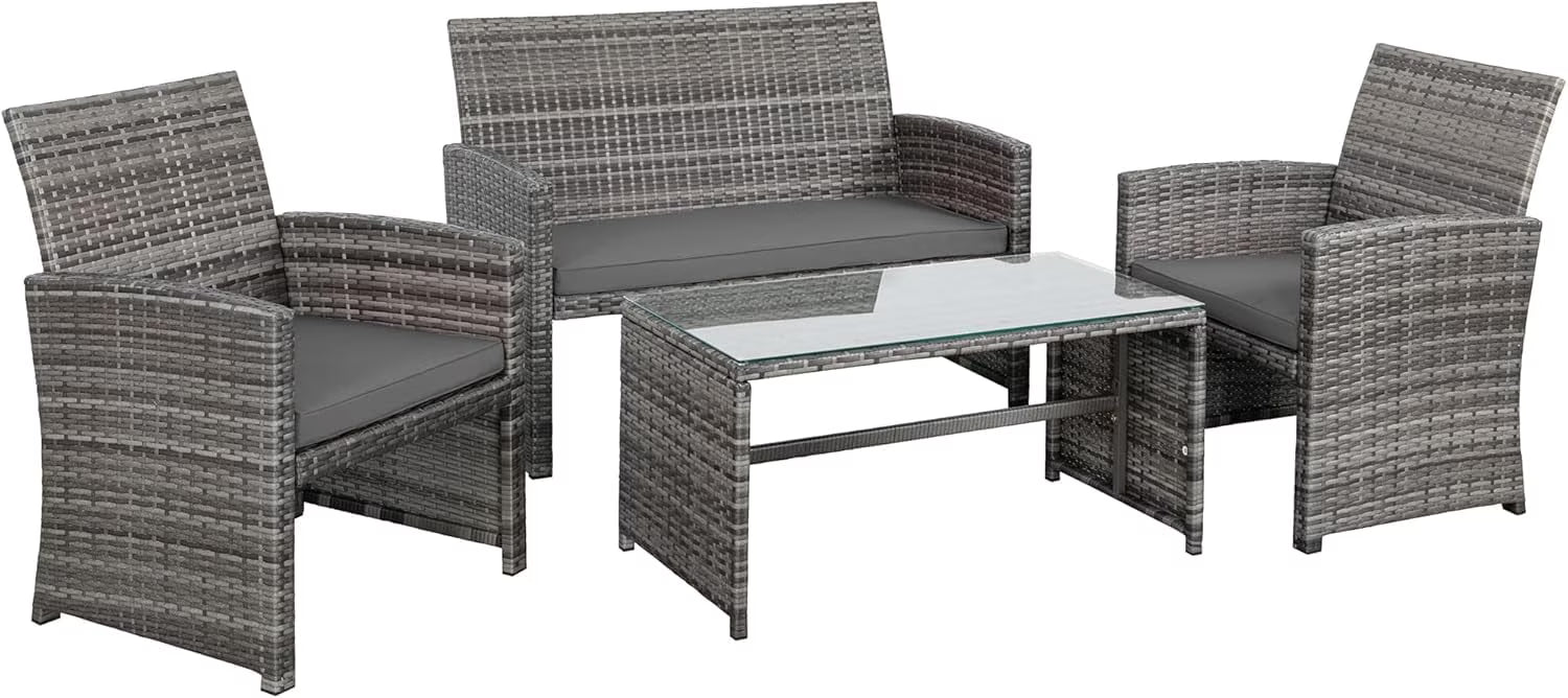 4-Piece Outdoor Gray Wicker Patio Conversation Furniture Set, Rattan Patio Furniture Set with Weather Resistant Cushions and Tempered Glass Tabletop,Red