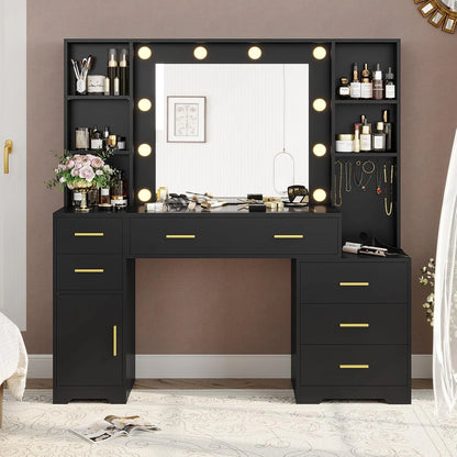 Makeup Vanity Desk with Lighted Mirror & Charging Stations & 6 Drawers Large Vanity Table Bedroom Dressing Table with Glass Tabletop& Side Cabinet& Glass Tabletop, Black