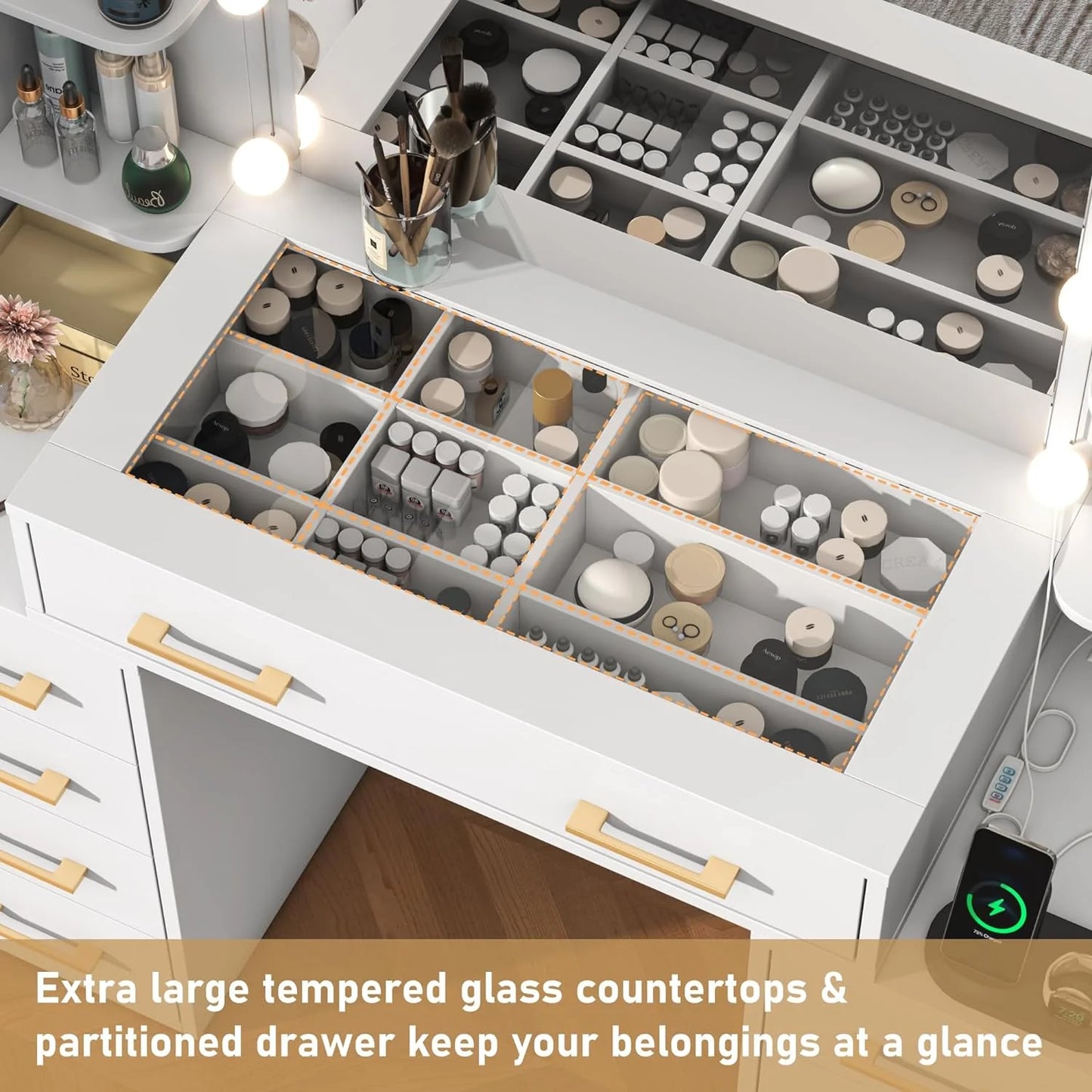 White Vanity Desk with Mirror & LED Lights, Glass Top Vanity Desk with Charging Station & Compartment Storage Drawers, 43" Large Makeup Vanity Table with 9 Drawers & 6 Shelves