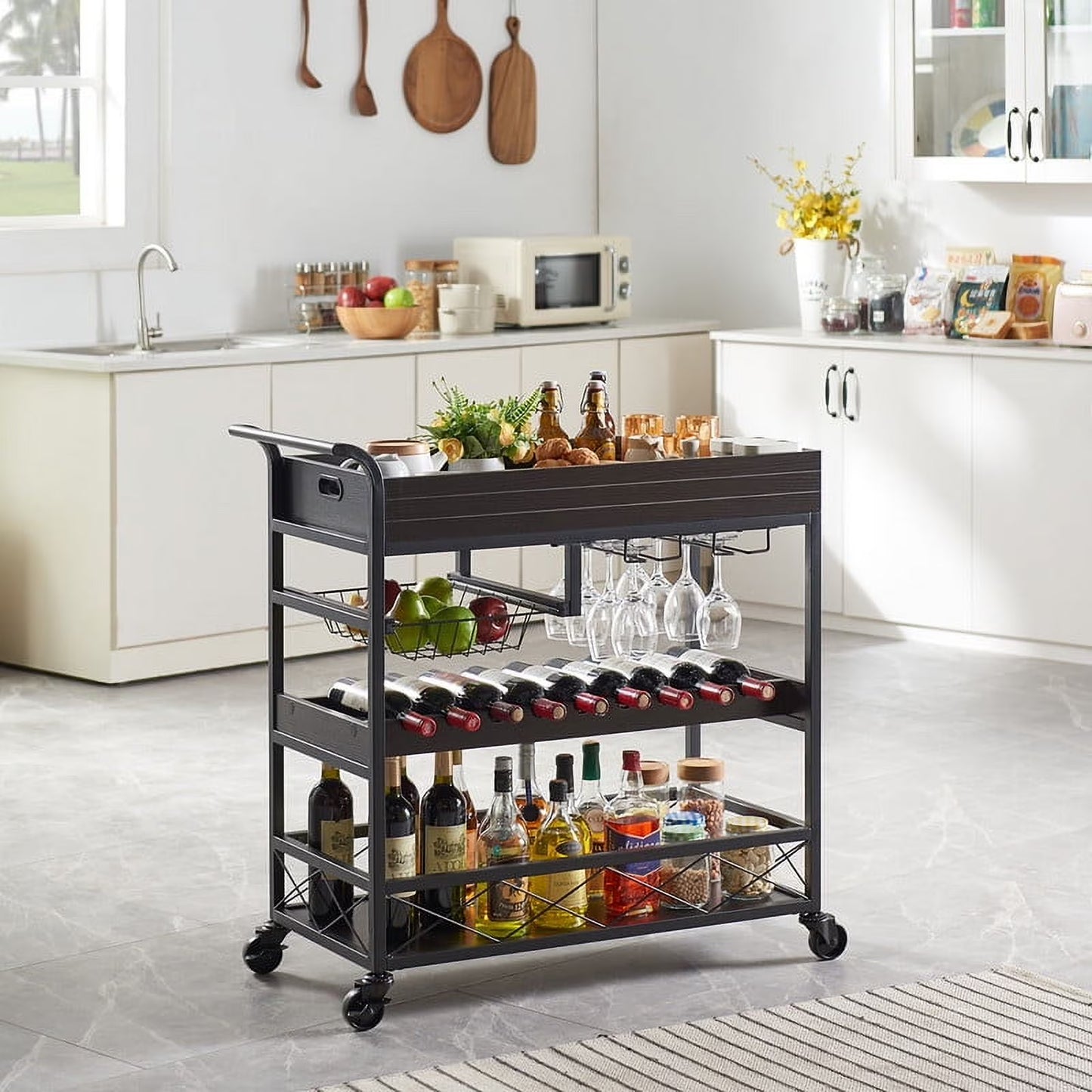 Utopia Alley KF03BZ 3 Tier Kitchen Island Cart on Lockable Wheels with Wine Rack, Glass Holder & Handle for Home