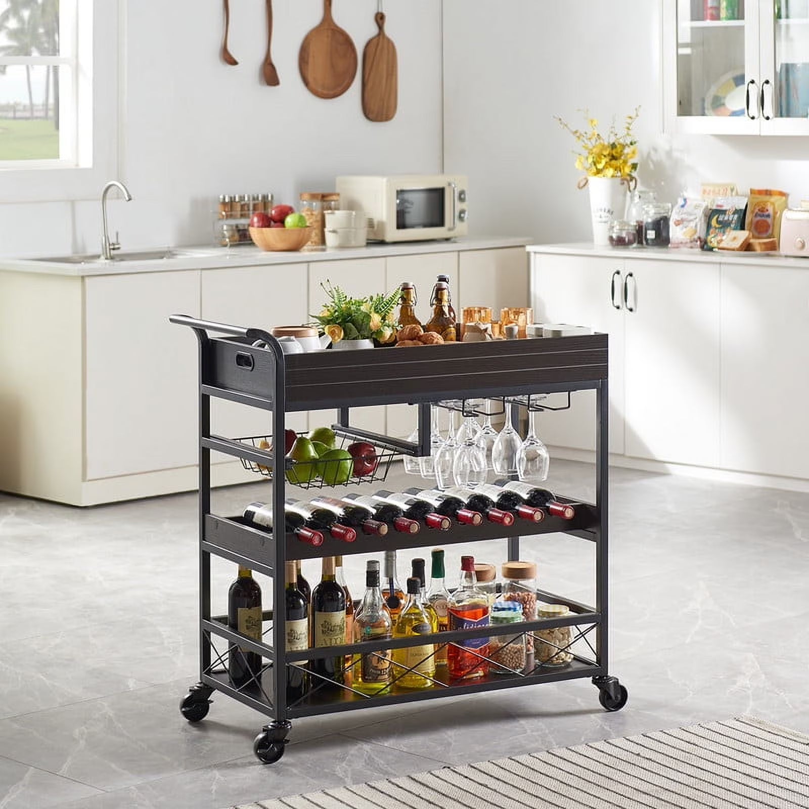 Utopia Alley KF03BZ 3 Tier Kitchen Island Cart on Lockable Wheels with Wine Rack, Glass Holder & Handle for Home