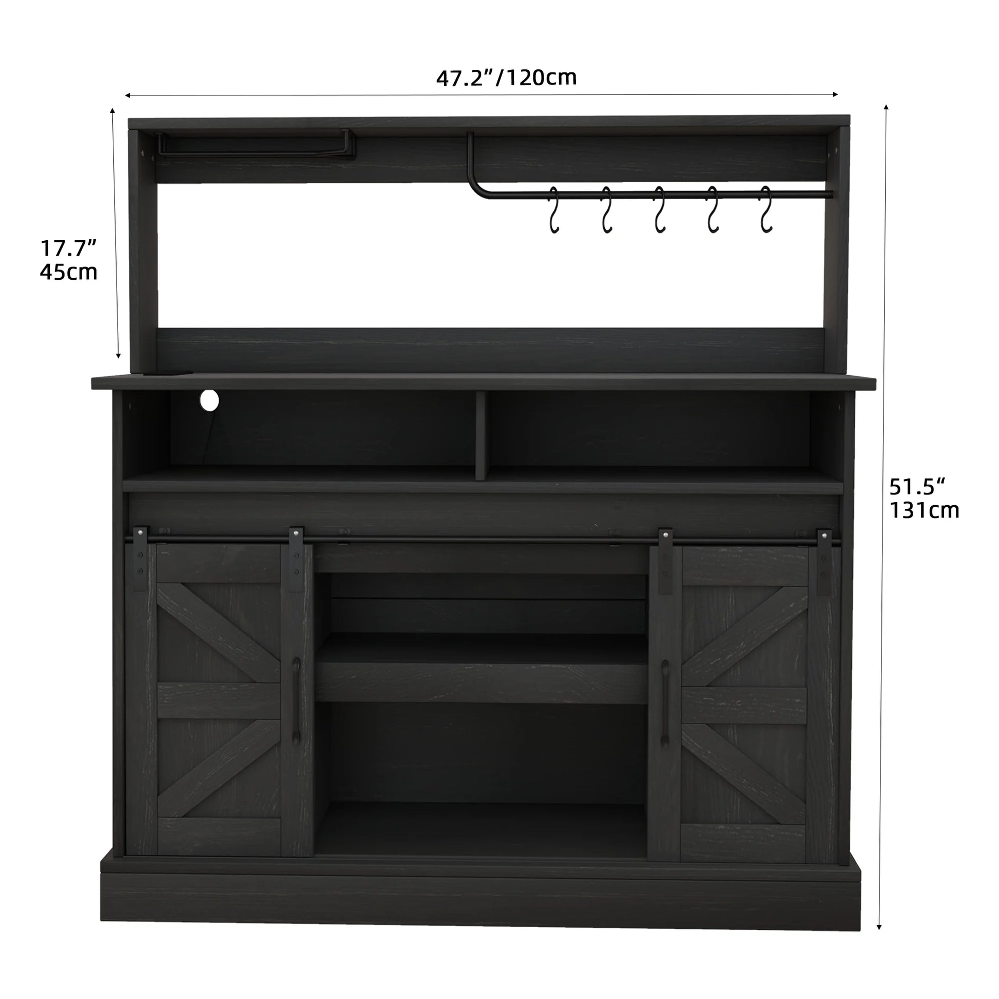 Uforic 47" Farmhouse Coffee Bar Cabinet, Buffet Sideboard with Power Outlets, Wine Glass Rack, Black Oak