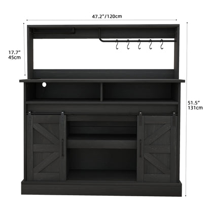 Uforic 47" Farmhouse Coffee Bar Cabinet, Buffet Sideboard with Power Outlets, Wine Glass Rack, Black Oak