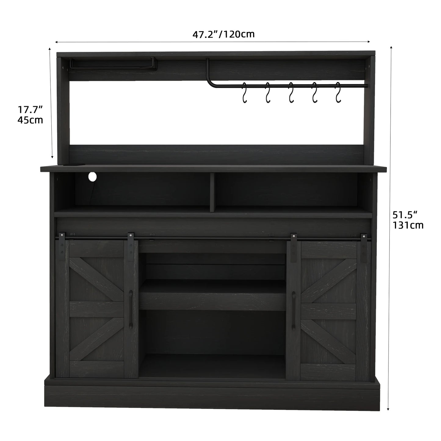 Dextrus 47" Farmhouse Coffee Bar Cabinet,Buffet Cabinets with Power Socket, Wine Glass Rack, Barn Door for Kitchen Black