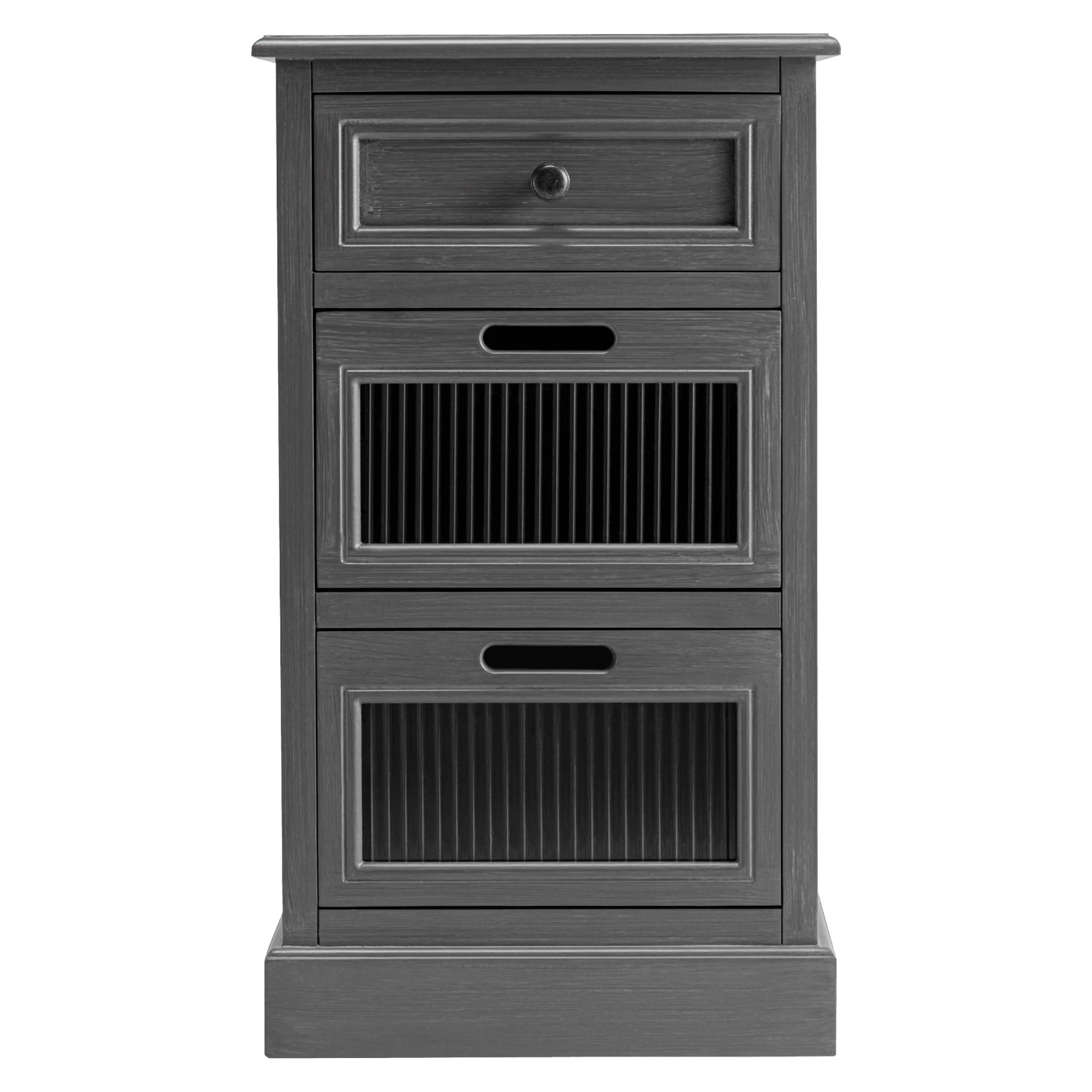 COZAYH Mid Century Modern Nightstand, Fully Assembled Nightstand with 3 Reeded Glass Front Drawers, Distressed Gray Nightstand with Antique Brass Knob and Metal Glide, 27.5” Tall