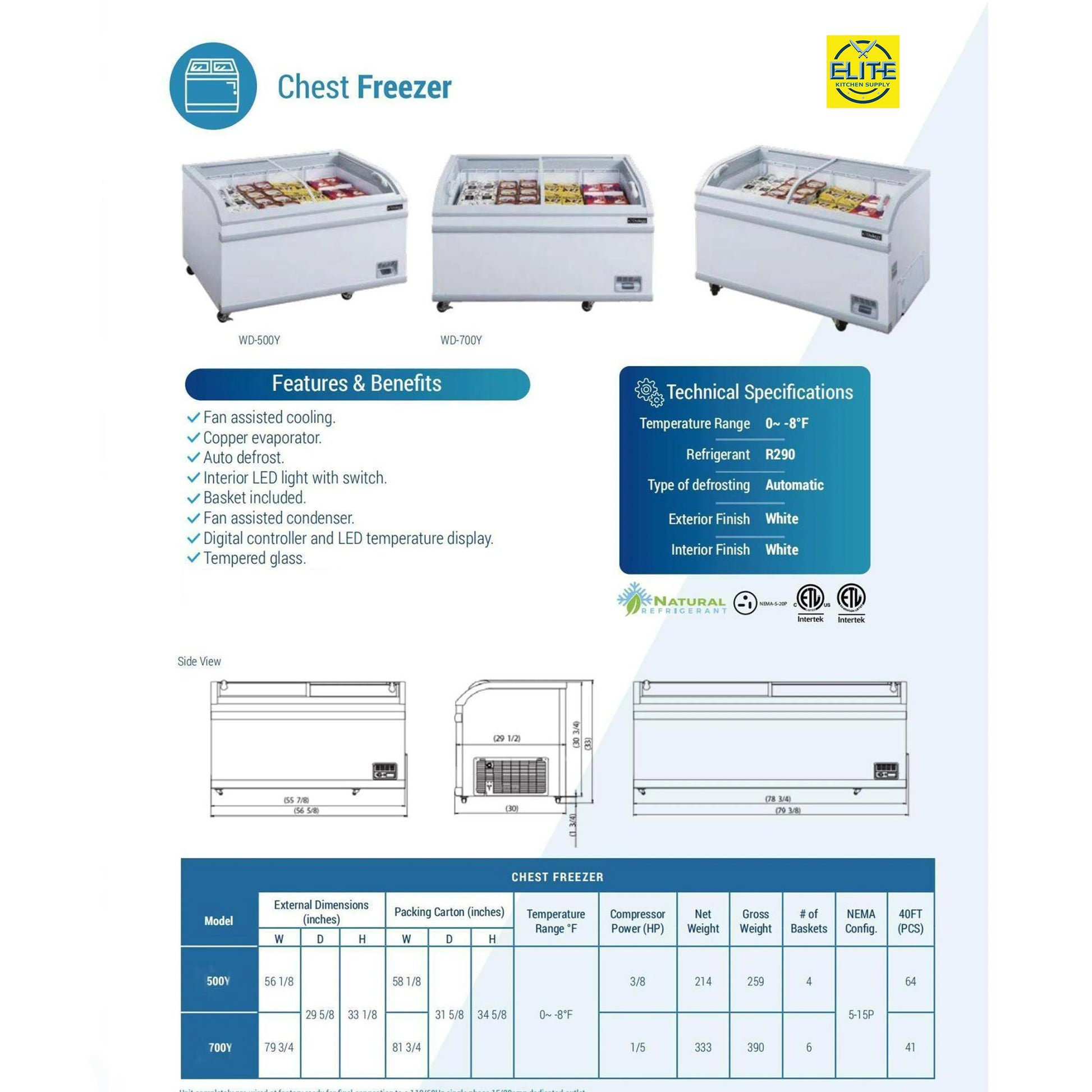 12 Cu.Ft. 56 in. Chest Freezer, Glass Sliding Door Freezer, NSF Certified, White Showcase Freezer Curved Display