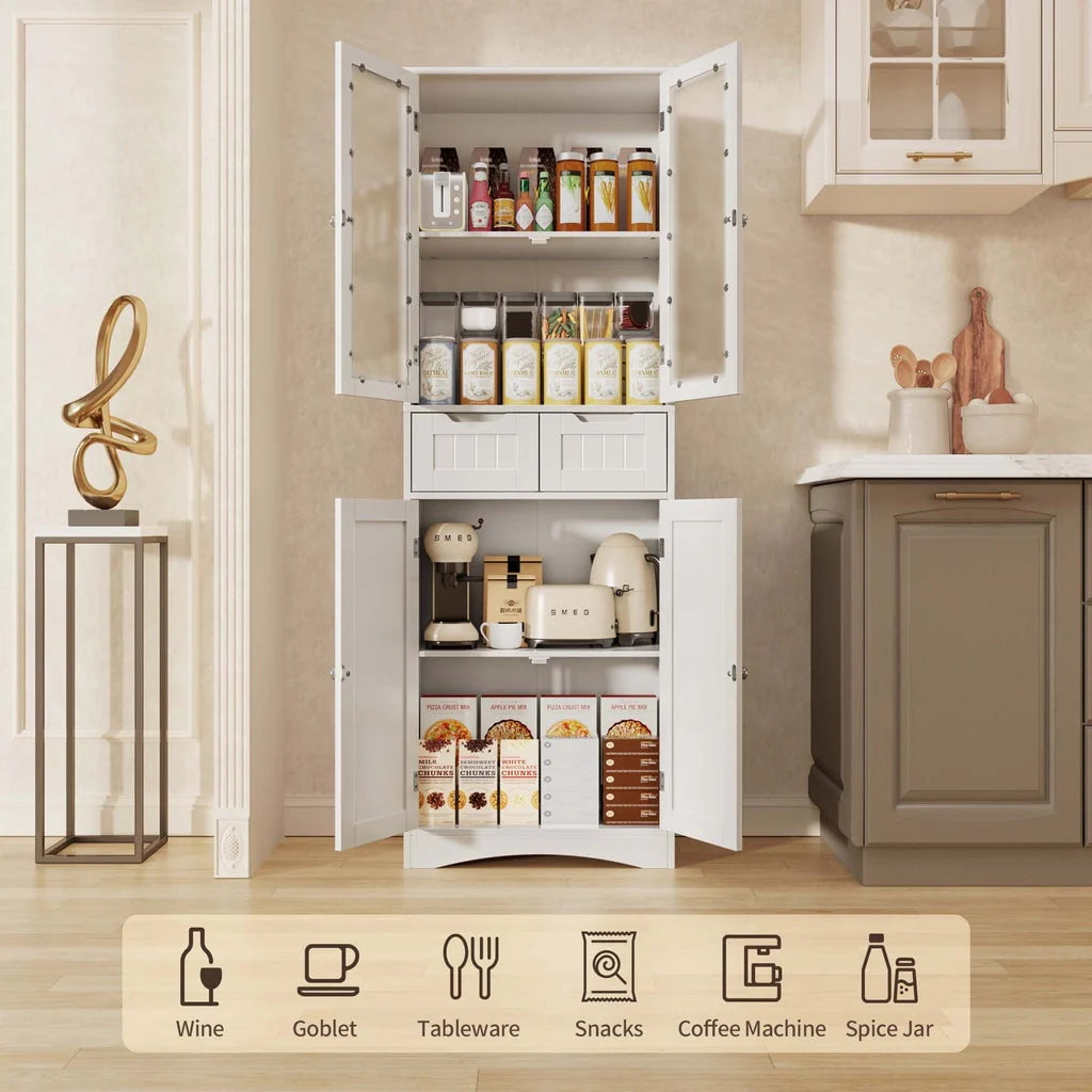 Aiho 66.9 "H Kitchen Pantry Storage Cabinet with 2 Drawers and Glass Doors for Kitchen - White