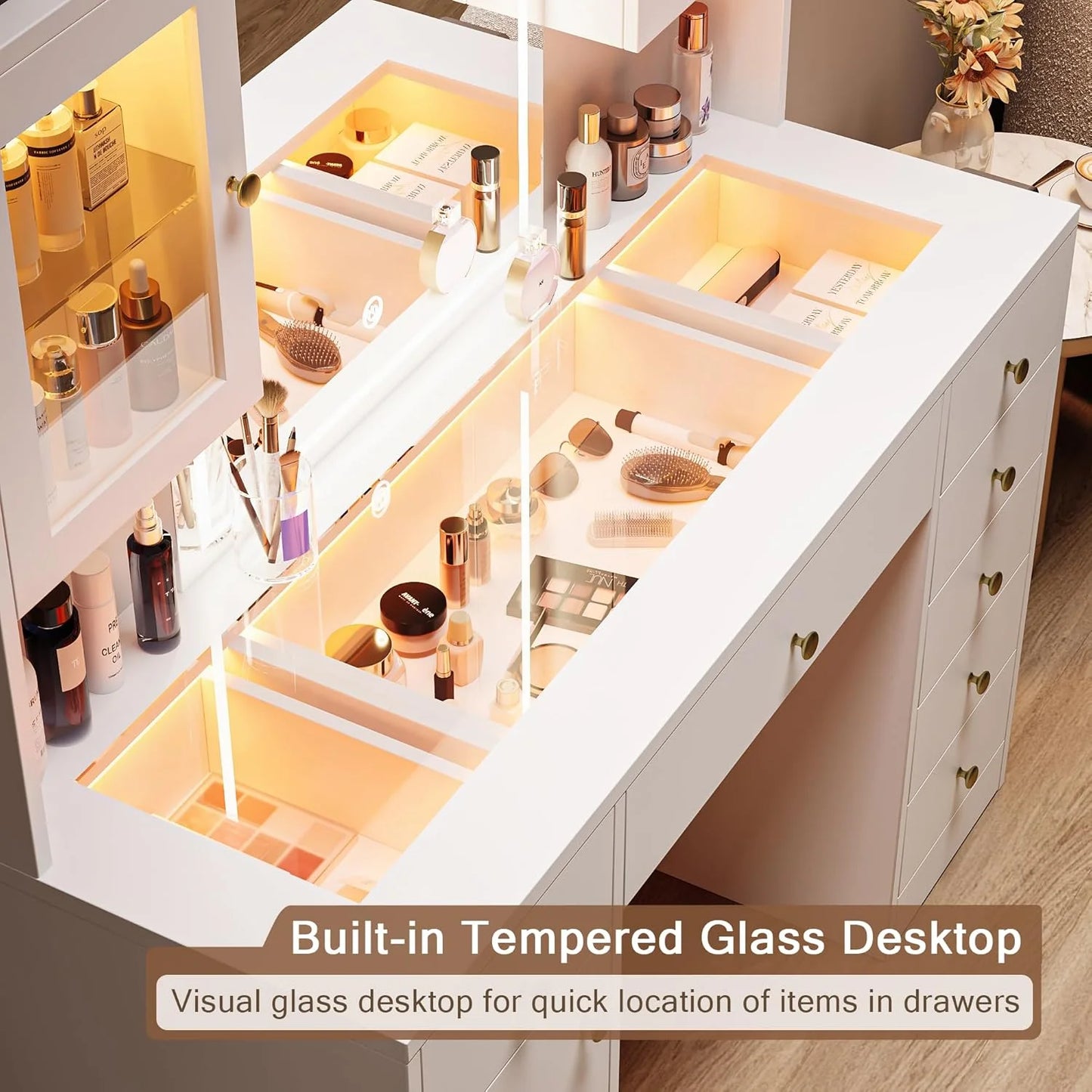 iPormis Vanity Desk with Mirror and Lights, Glass Top Makeup Vanity with RGB Light and Charging Station for Girls , White