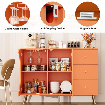 Homfa Coffee Bar Cabinet with 3 Drawers & Glass Door, Modern Buffet Sideboard Bar Table for Dining Room, Green