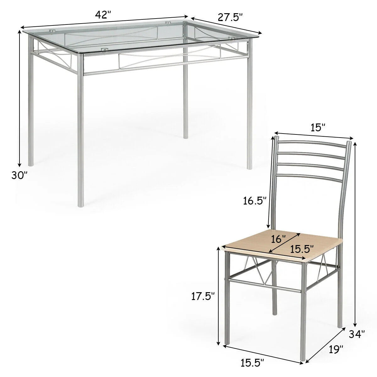 Costway 5 Piece Dining Set Table and 4 Chairs Glass Top Kitchen Breakfast Furniture Brown