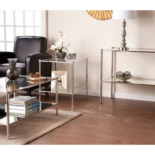 Ember Interiors Parell Glam Metal and Glass End Table, Metallic Silver