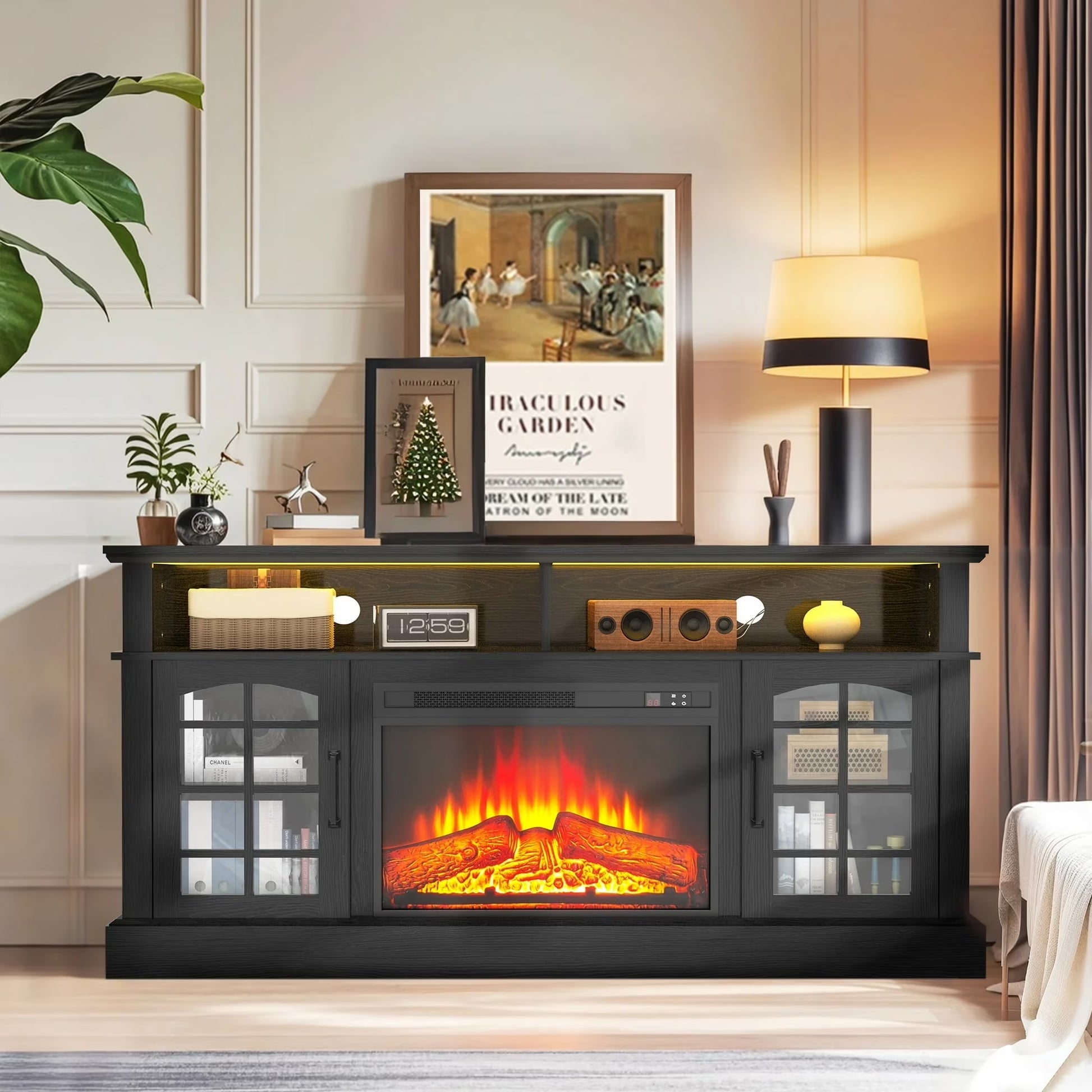 SYNGAR Fireplace Electric TV Stand for 65" TV with LED Light, Modern Entertainment Center With Remote Control Virtual Flame Fireplace, 2 Cabinet Storage, Glass Door, Storage Shelves, Brown