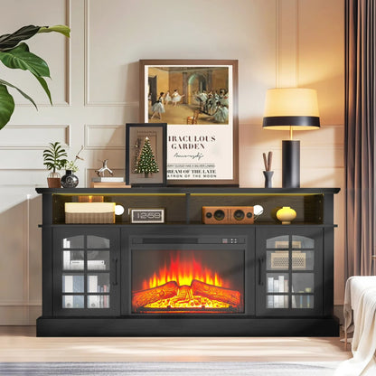 SYNGAR Fireplace Electric TV Stand for 65" TV with LED Light, Modern Entertainment Center With Remote Control Virtual Flame Fireplace, 2 Cabinet Storage, Glass Door, Storage Shelves, Brown
