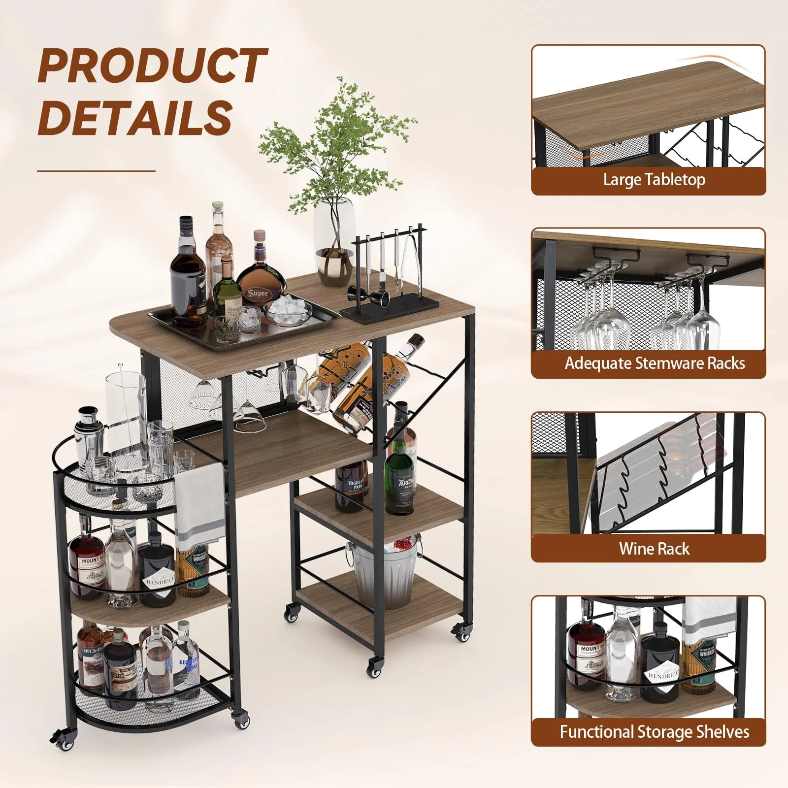 Bar Cart, Home Bar Service Cart with Wine Rack and Glass Holder, Kitchen Cart with Rolling Wheels, Metal Bar Rack with 7 Tiers Storage for Home, Kitchen, Living Room, Dining Room (Brown)