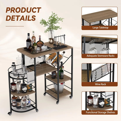 Bar Cart, Home Bar Service Cart with Wine Rack and Glass Holder, Kitchen Cart with Rolling Wheels, Metal Bar Rack with 7 Tiers Storage for Home, Kitchen, Living Room, Dining Room (Brown)