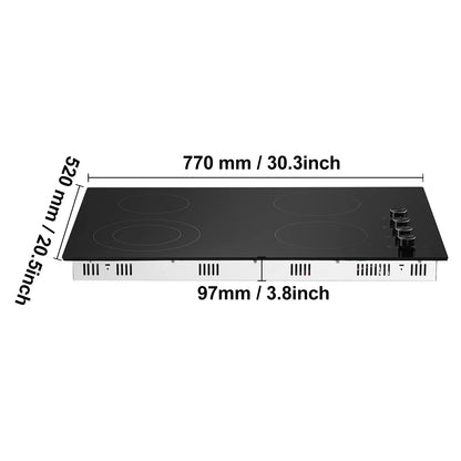 KFFKFF Built-in 4 Burner Electric Cooktop, 7200W Electric Range, 30" Electric Cooktop with Glass Surface, Knob Control, 11 Temperature Settings, 220-240V, Direct Wiring Required
