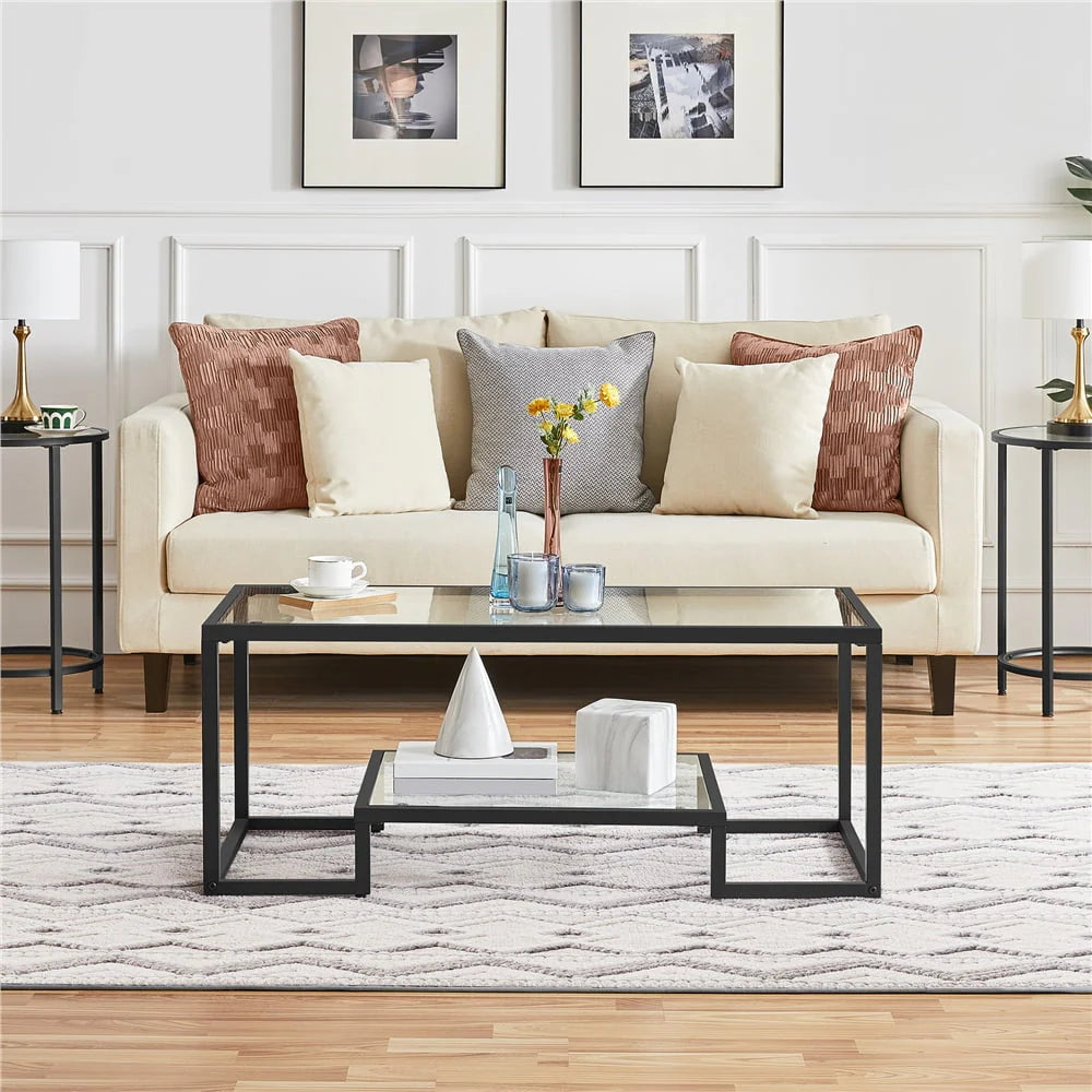 Smile Mart Modern Glass Coffee Table with Metal Frame, Black