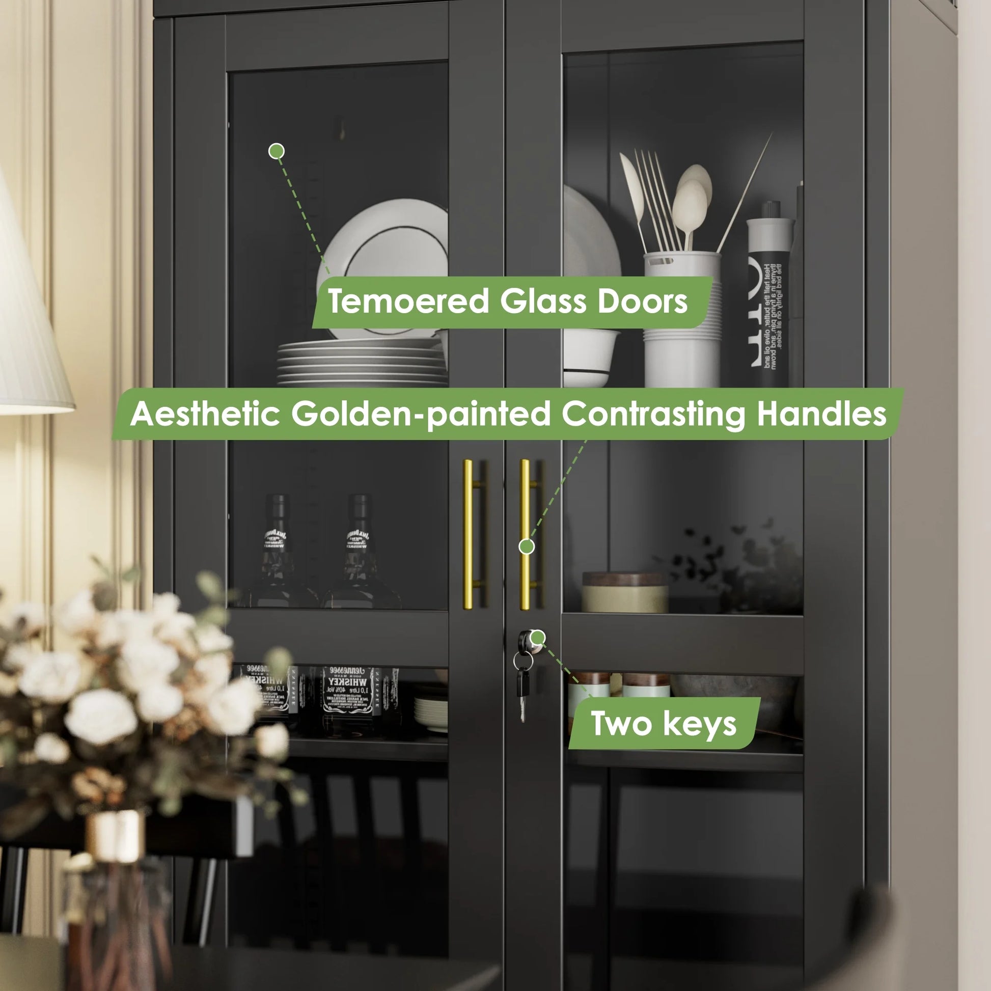 SUXXAN Metal Arched Storage Display Lockable Cabinets with Glass Doors and Adjustable Shelves, Assembly Required, Black
