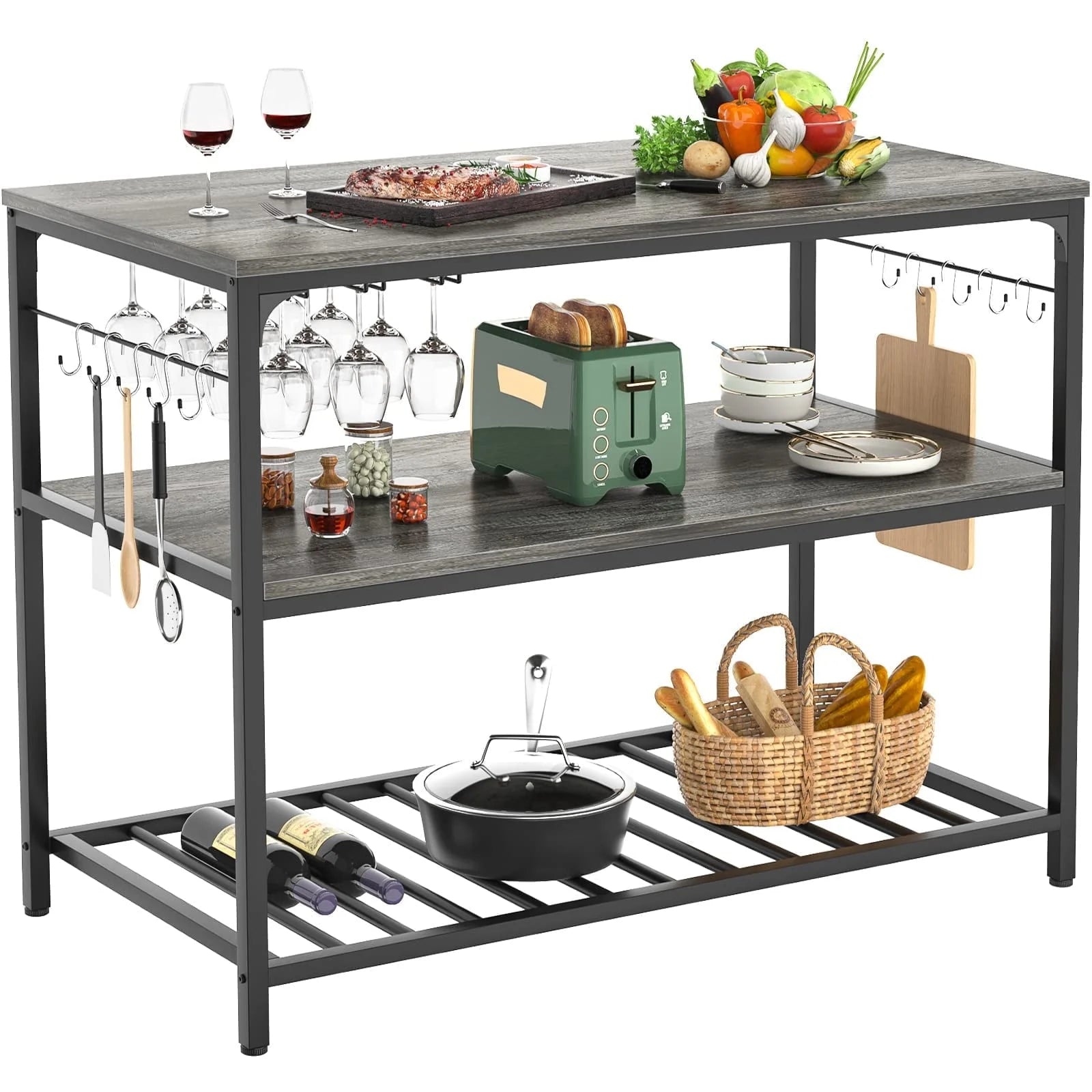 Homieasy Kitchen Island with Wine Glass Holder, Industrial Wood and Metal Coffee Bar Rack, 3 Tier Spacious Prep Table Extended Counter with Hooks Easy to Assemble, Gray Oak
