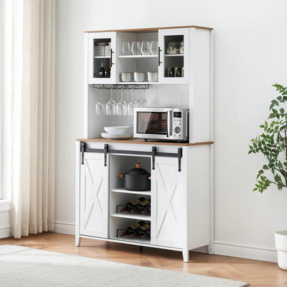 Farmhouse Bar Cabinet with Storage, Kitchen Buffet Cabinet with Sliding Barn Door and 3 Drawers, Coffee Bar with Wine and Glass Rack for Kitchen, Dining Room, White