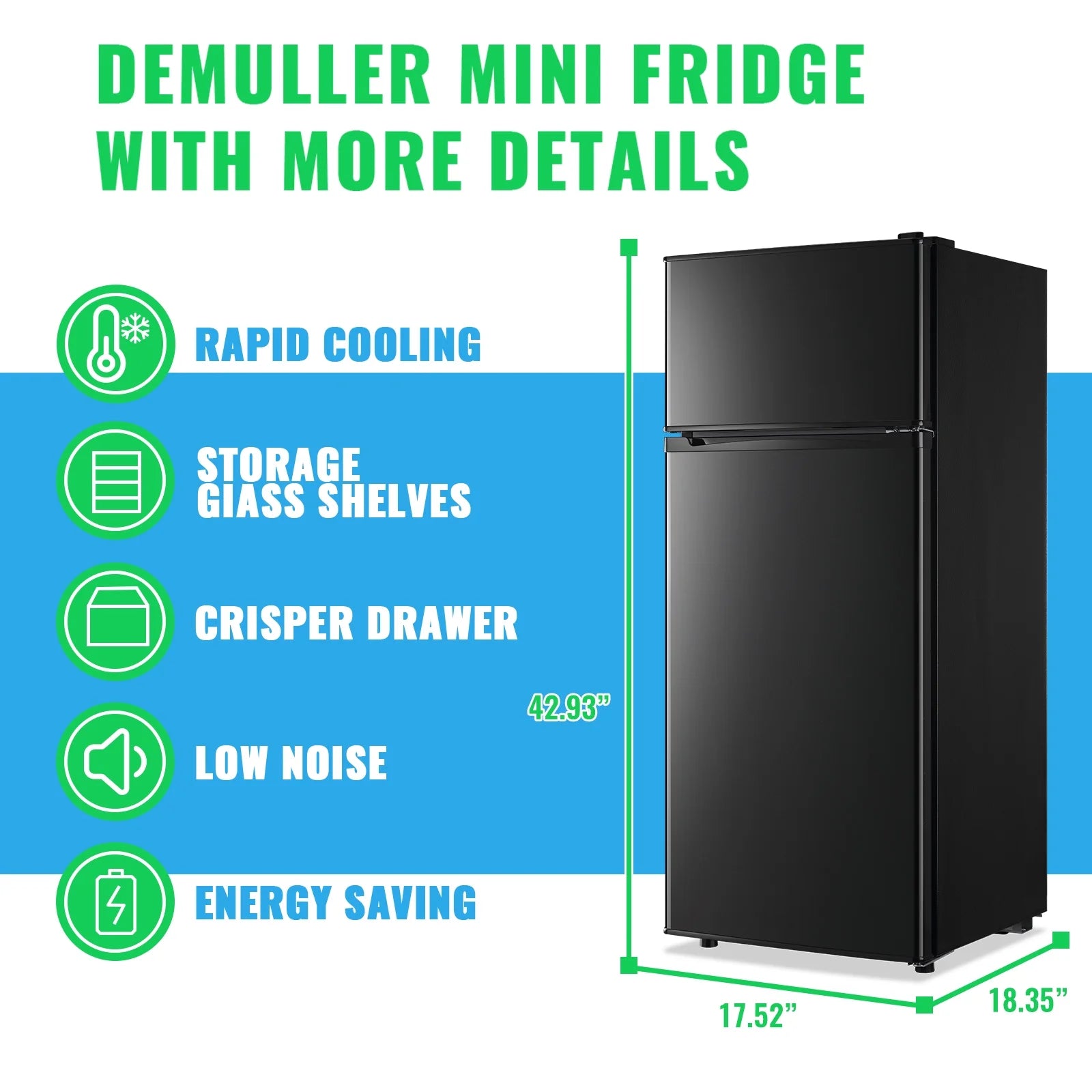 DEMULLER 4.5 Cu.ft Small Refrigerator Mini Fridge with Double Door 3 Removable Glass Shelves Black
