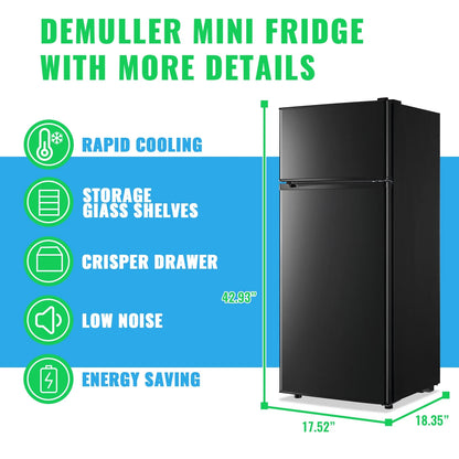DEMULLER 4.5 Cu.ft Small Refrigerator Mini Fridge with Double Door 3 Removable Glass Shelves Black
