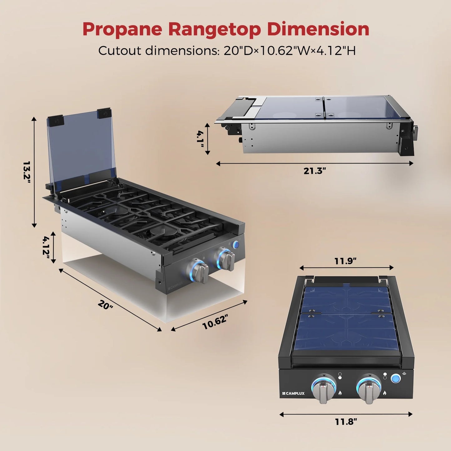 CAMPLUX RV Cooktop 2 Burners Slide-in, Outdoor Propane Cooktop Stove with Tempered Glass Cover, 12 inches Gas Rangetop, 13,000BTU, Black