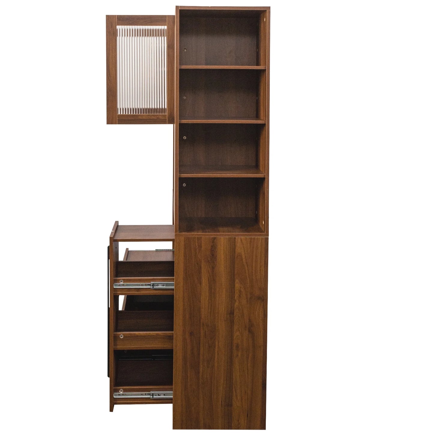 Kitchen Pantry Cabinet w/4-Tier Storage Cart, 2 Drawers & 2 Glass Doors, Tall Storage Cabinet w/Shelves