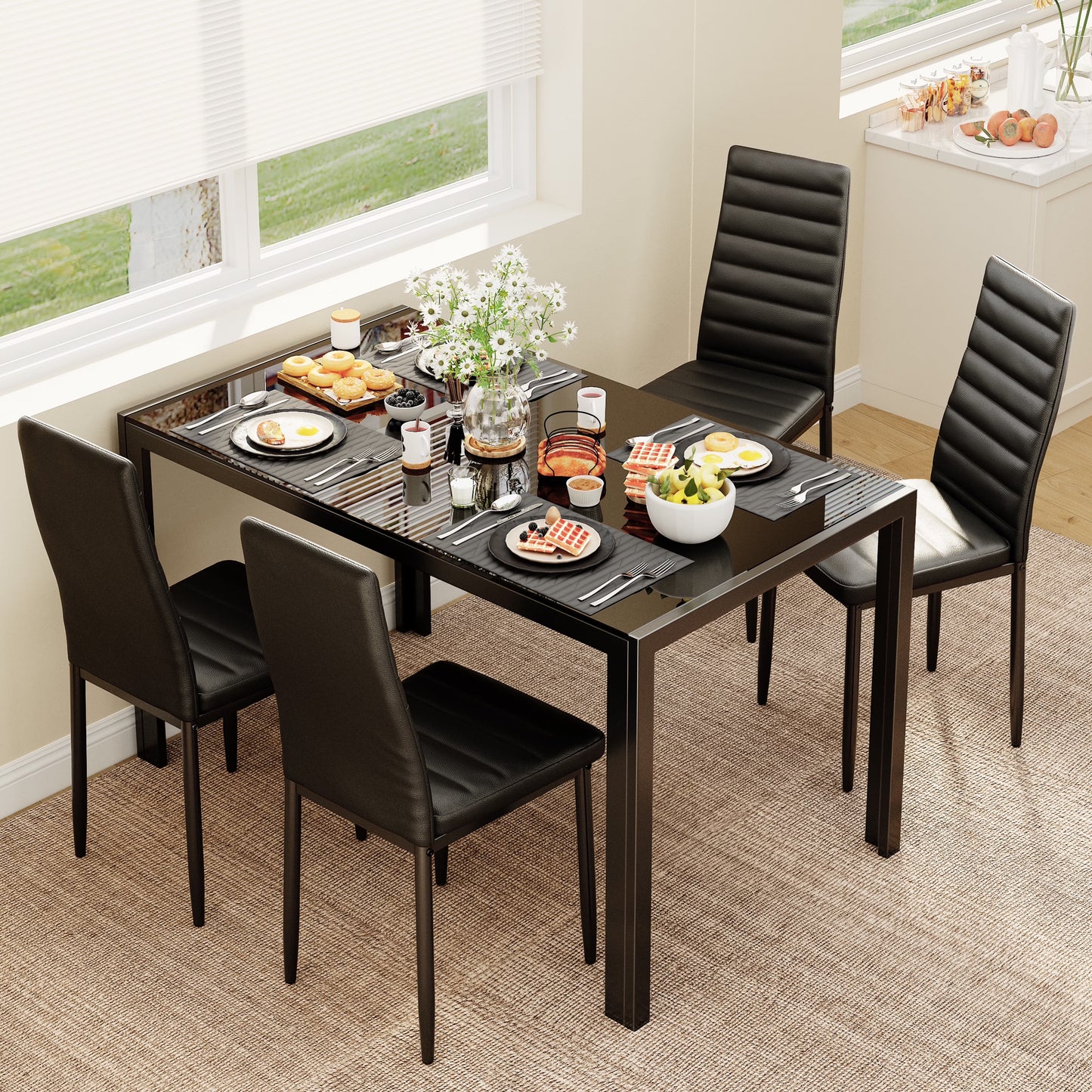 Asofer Modern 7 Piece Dining Table Sets for 6, Glass Kitchen Table, PU Leather Chair, Dining Room, Black