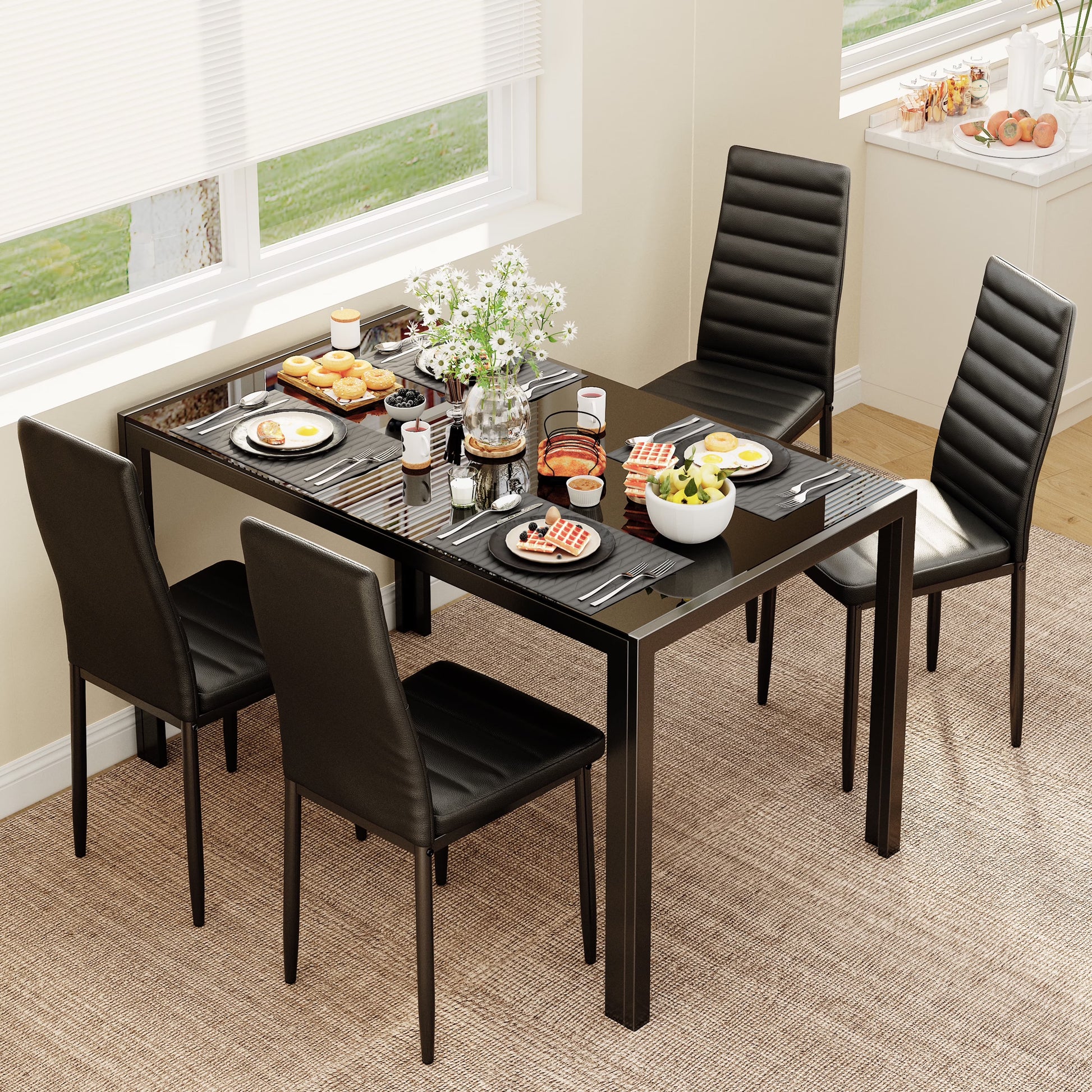 Asofer Modern 7 Piece Dining Table Sets for 6, Glass Kitchen Table, PU Leather Chair, Dining Room, Black